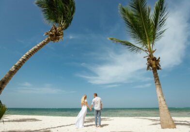 A couple on a beach holding hands under a couple of palm trees