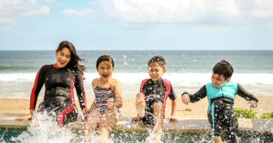 A family playing in the water on vacation