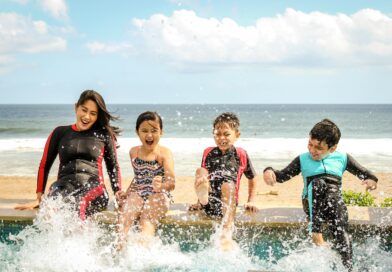A family playing in the water on vacation