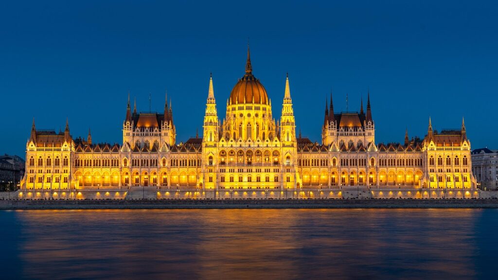 The Hungarian Parliament Building glowing during the evening in Budapest, Hungary