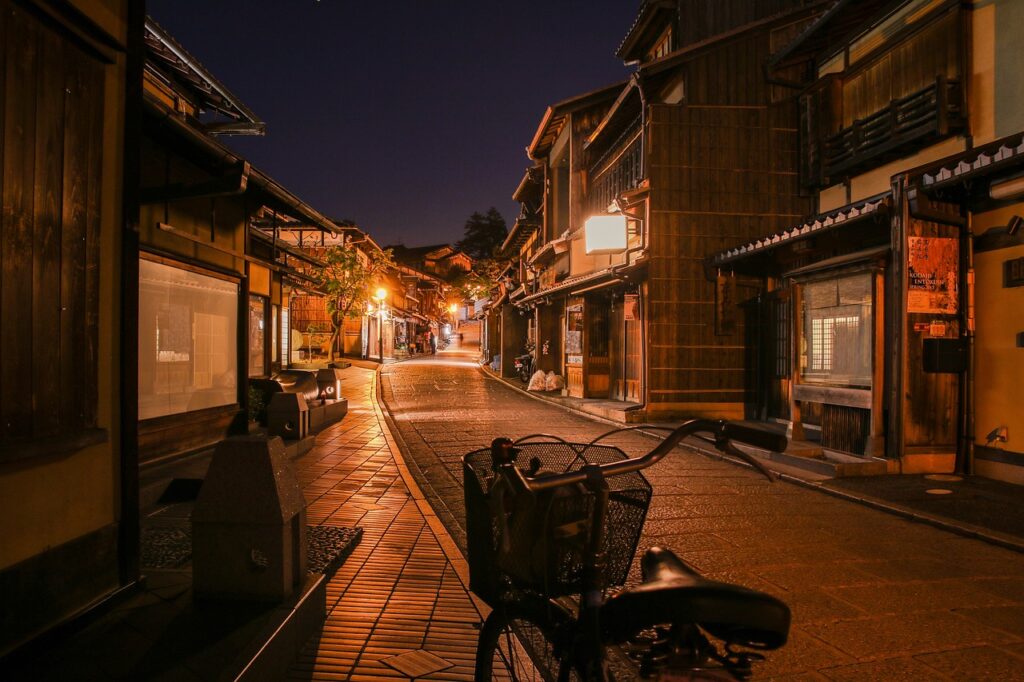 A bike ride during the night in Kyoto, Japan. 