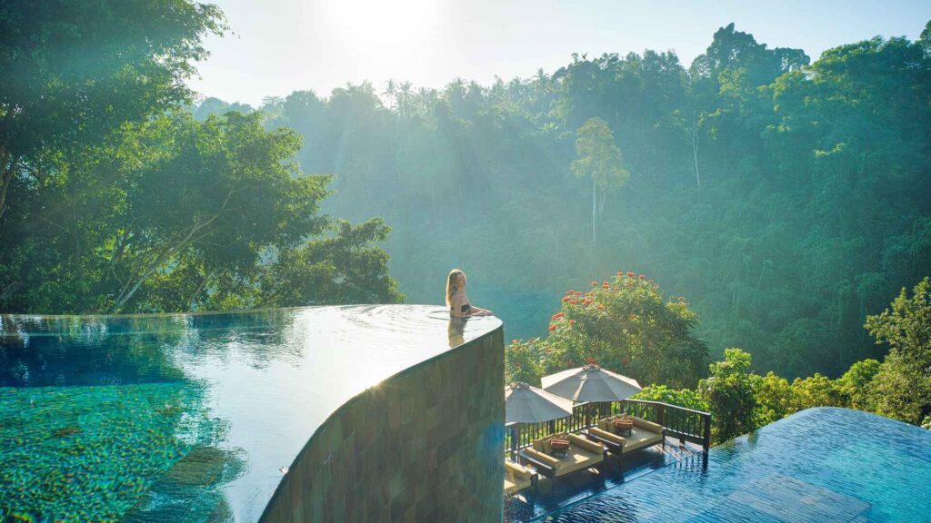 The pool at Hanging Gardens of Bali, overlooking the jungle