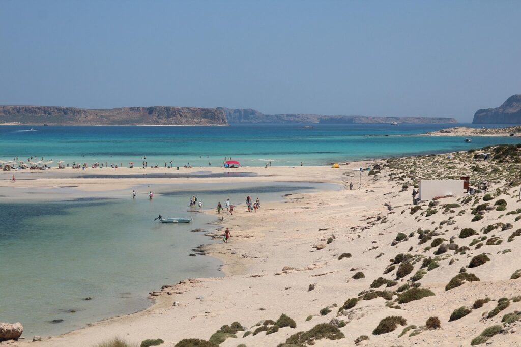 Balos Lagoon in Crete known for its crystal blue waters surrounded by mountains. 