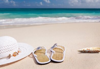 hat, sandals and sun cream on sand