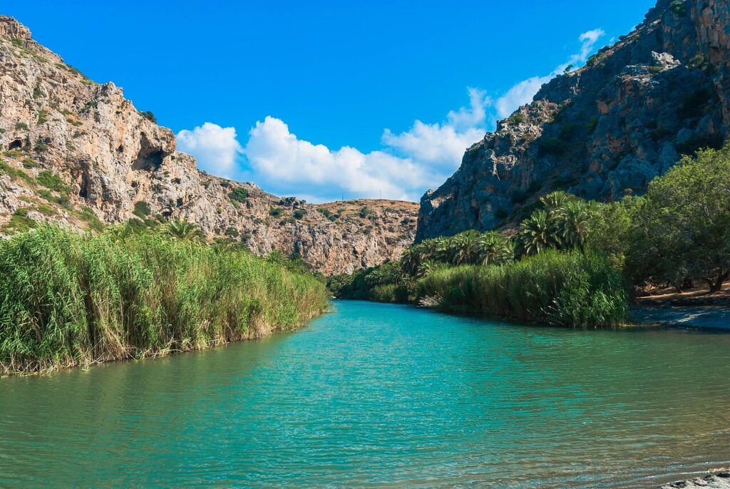 Preveli Beach where palm trees surround a river that runs and meets the sea