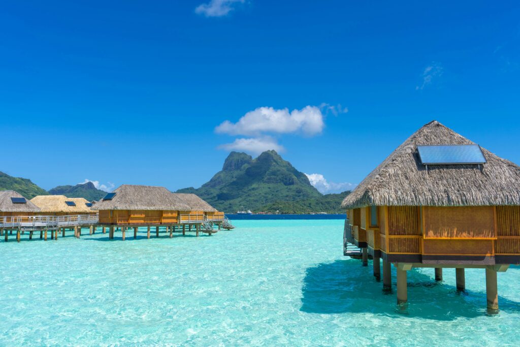 Overwater Bungalows over crystal clear waters in Bora Bora