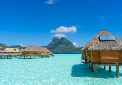 Overwater Bungalows over crystal clear waters in Bora Bora