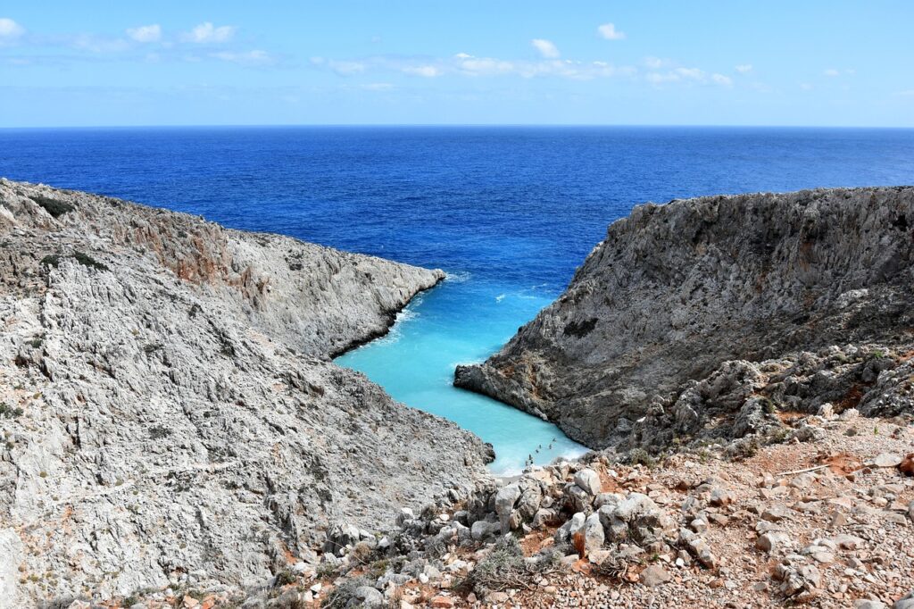 Seitan Limania in Crete. Crystal clear waters tucked between two cliffs. 