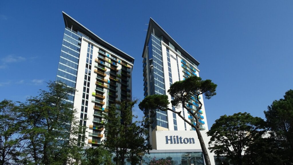 The Hilton Hotel brand visible on the building