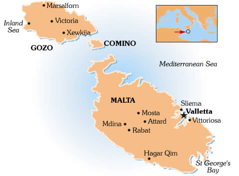 Map over Malta showing it's three islands and biggest cities. 
