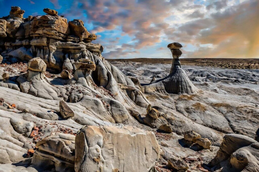Eroded rock formations in the Bisti Badlands, one of the hidden natural wonders in North America 
