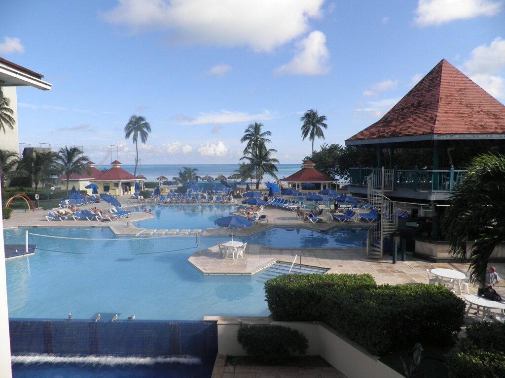 A hotel with pool, water activities etc.