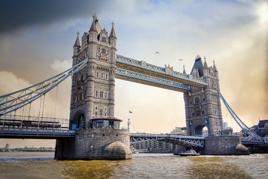 Tower Bridge with the Thames River seen underneath. 