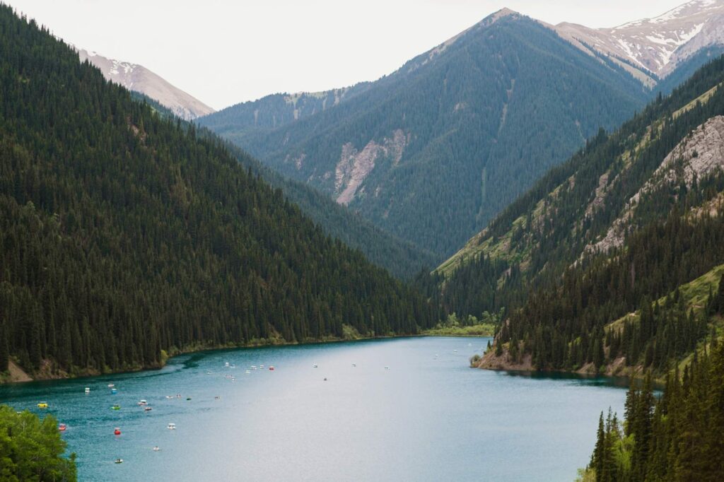 Kolsai Lakes, surrounded by forests and mountaints