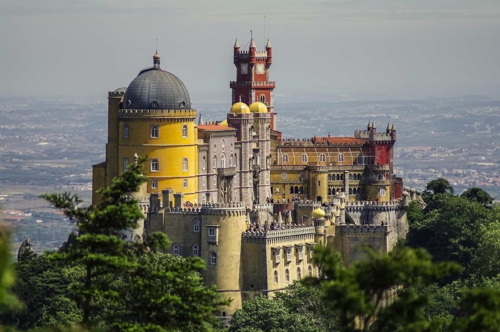 Colorful Pena Palace in Sintra Portugal, a day trip stop on a Spain Portugal Morocco trip itinerary