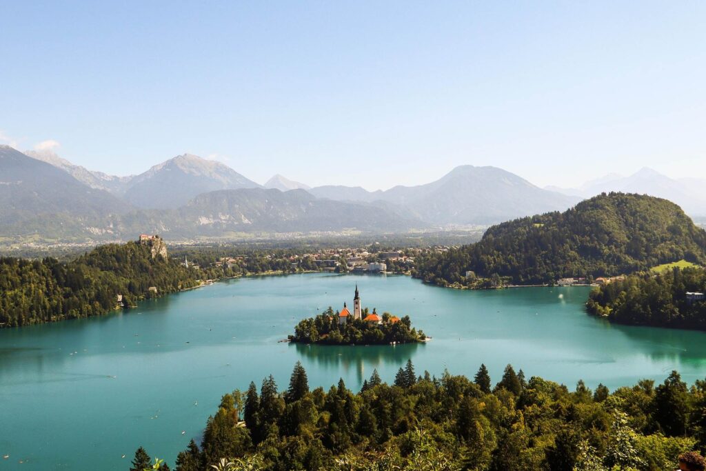 Lake Bled in Slovenia with its island church and castle view