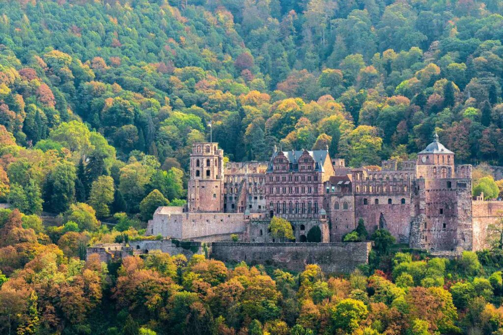 Heidelberg Castle ruins above the Neckar River at sunset
