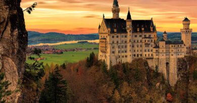 Neuschwanstein Castle at sunset above autumn forest in Bavaria.